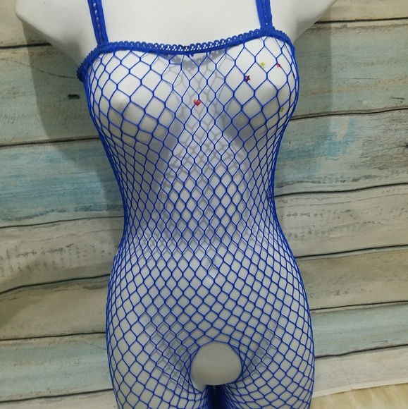 Sexy Blue Fishnet Bodysuit Crotcheless 